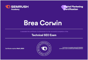 SEMRush Technical SEO Certification-Brea Corwin